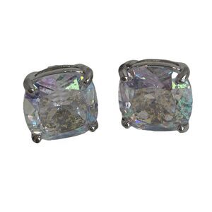 Kate Spade Earrings 1/2” Square Clear White Patina Glitter Stud Silver Tone READ